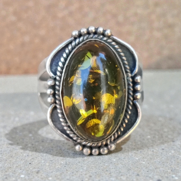 Vintage Jewelry - Vintage Sterling Amber Ring